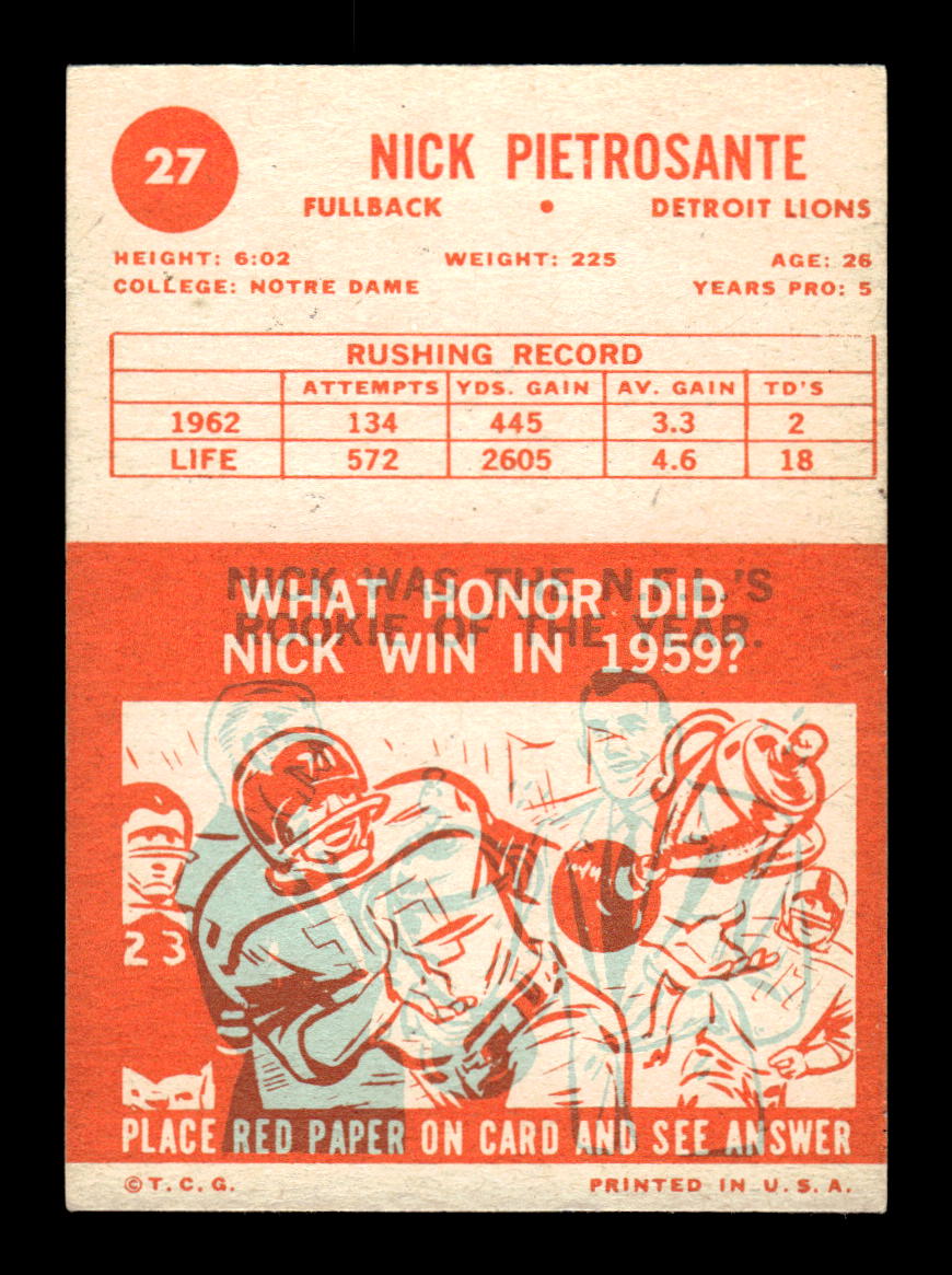 1963 Topps #27 Nick Pietrosante Detroit Lions EX HOF10011020