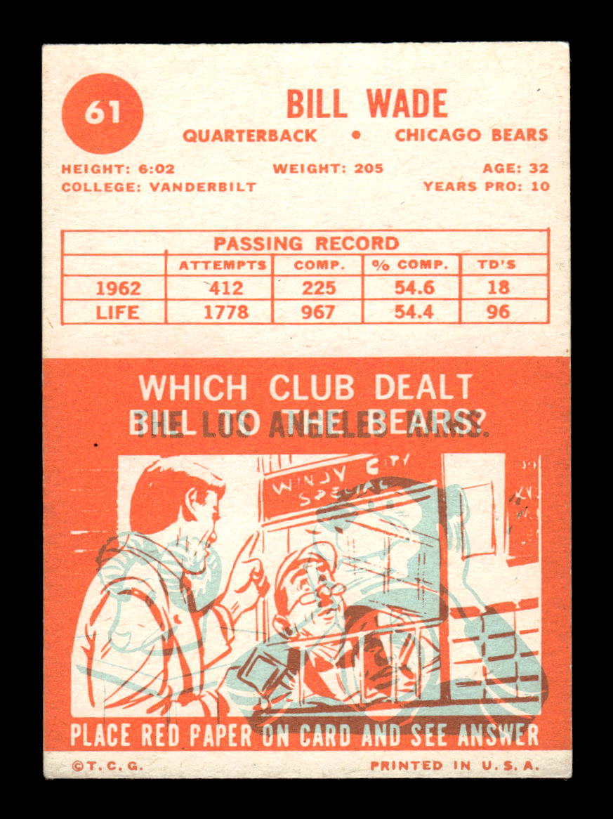 1963 Topps #61 Bill Wade Chicago Bears EX HOF10011028