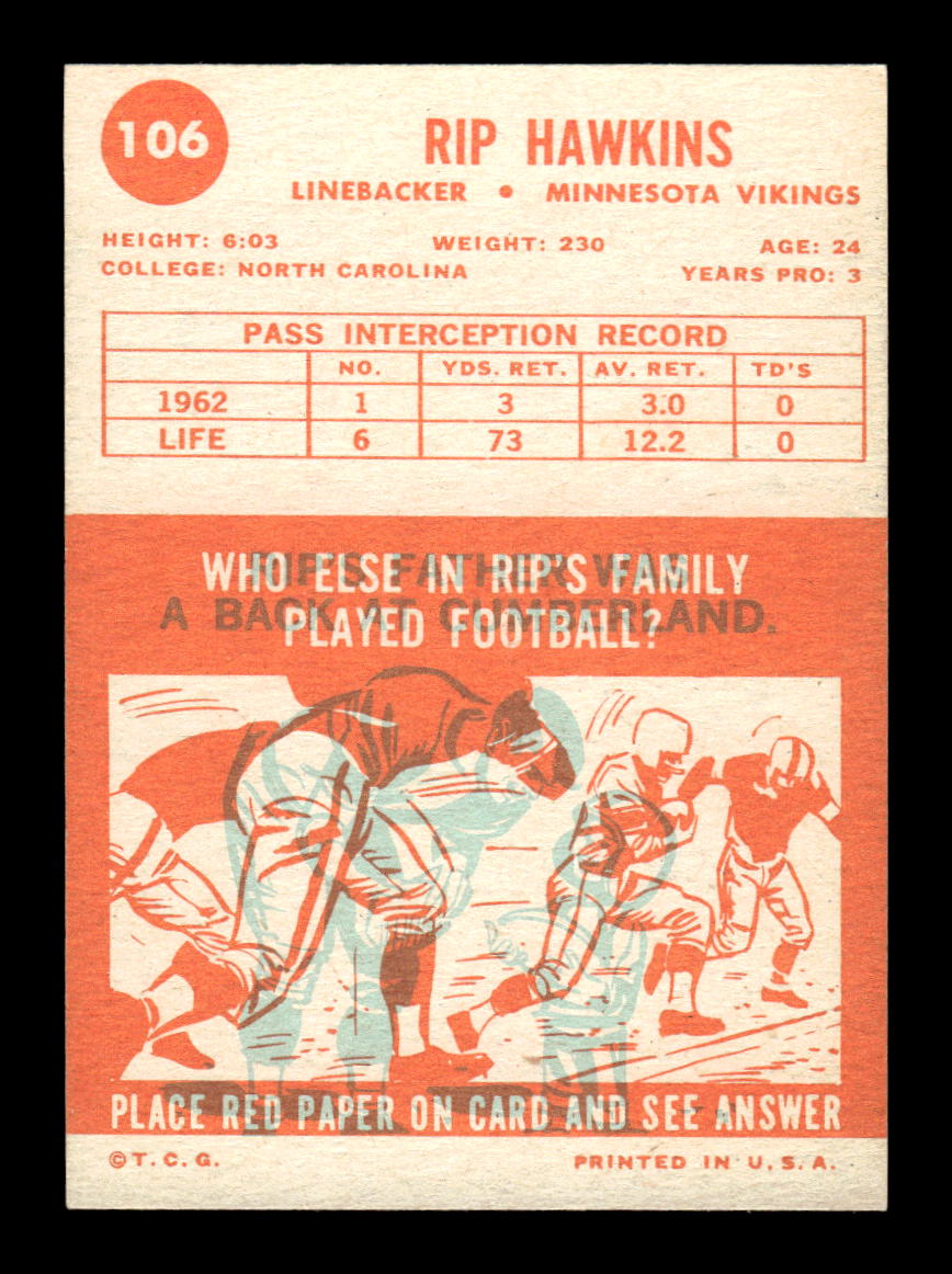 1963 Topps #106 Rip Hawkins Minnesota Vikings EX HOF10011037