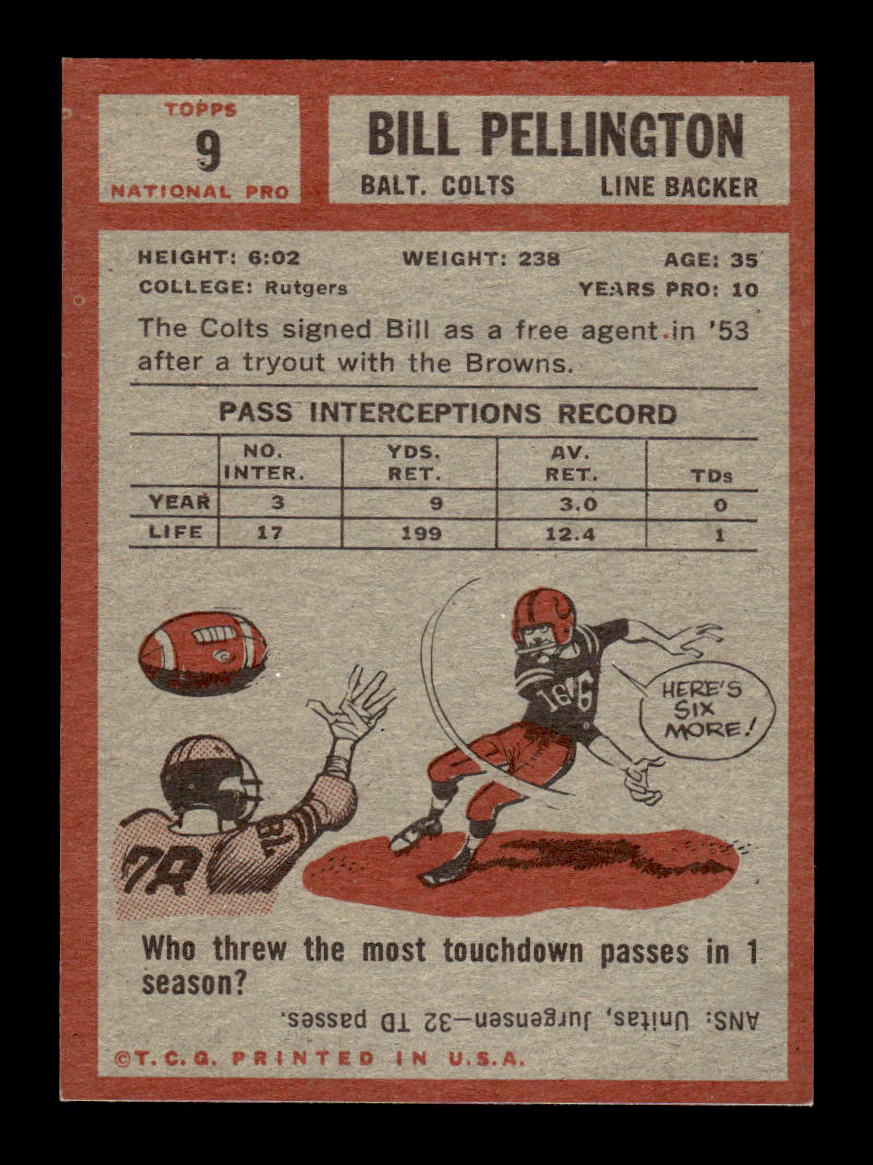 1962 Topps #9 Bill Pellington Baltimore Colts EX HOF10011052