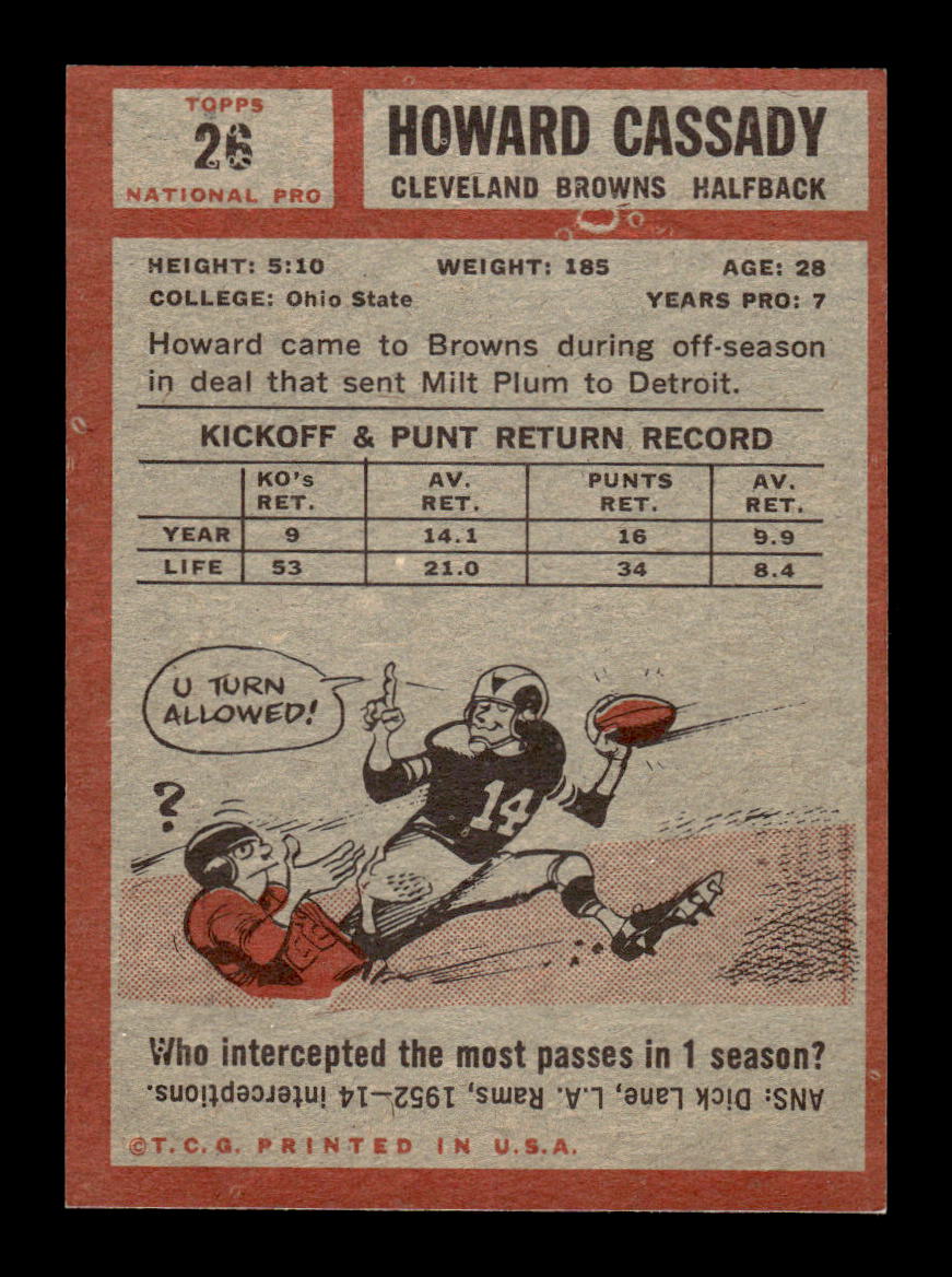 1962 Topps #26 Howard Cassady Cleveland Browns EX HOF10011054