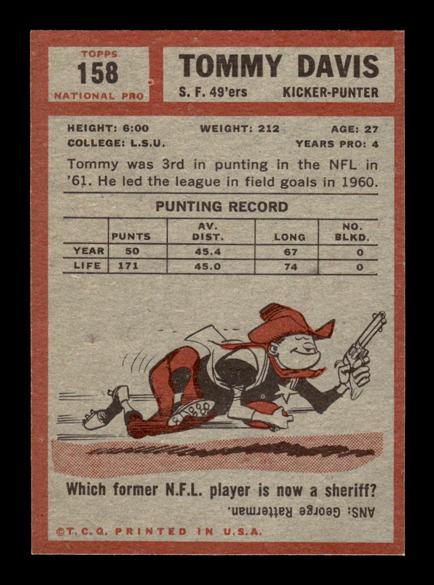 1962 Topps #158 Tommy Davis San Francisco 49ers EX HOF10011067
