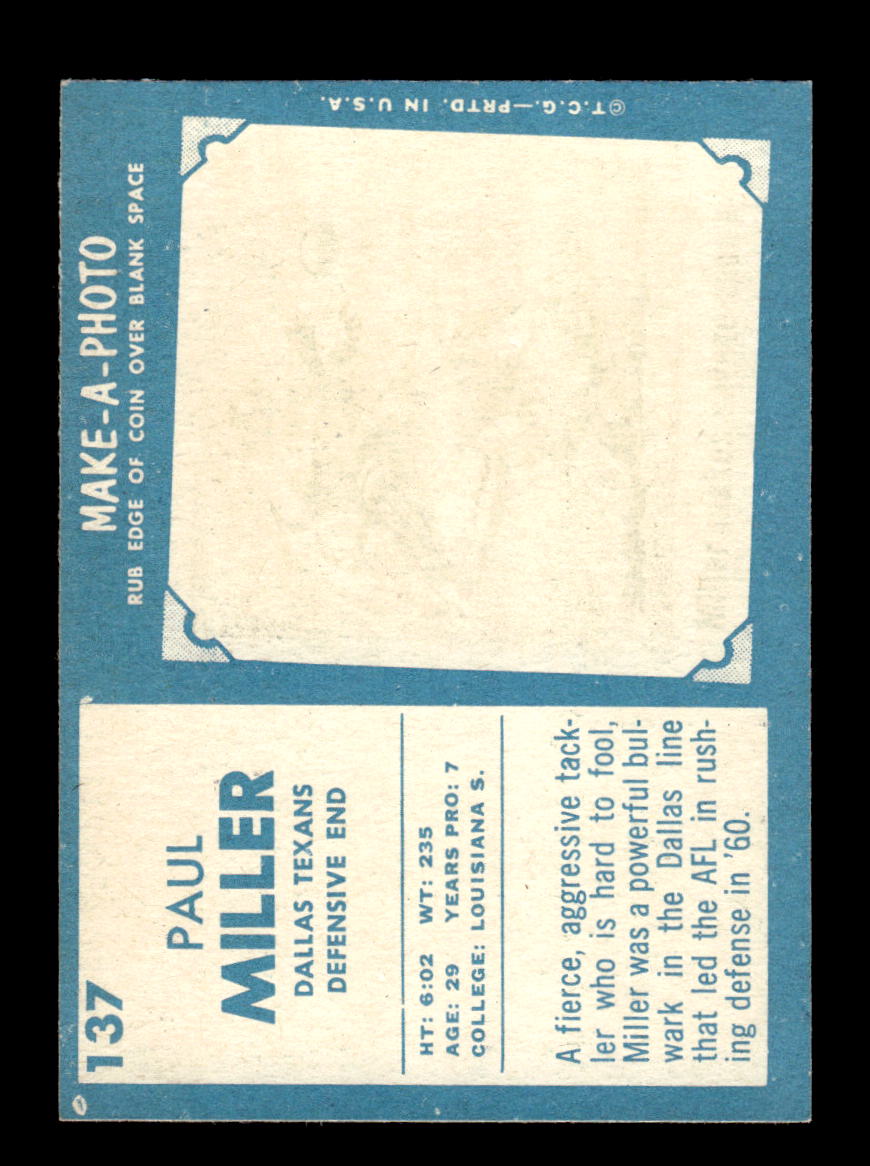 1961 Topps #137 Paul Miller Dallas Texans VGEX HOF10011086