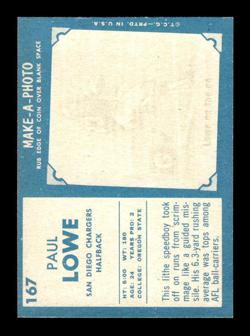 1961 Topps #167 Paul Lowe San Diego Chargers VGEX HOF10011114