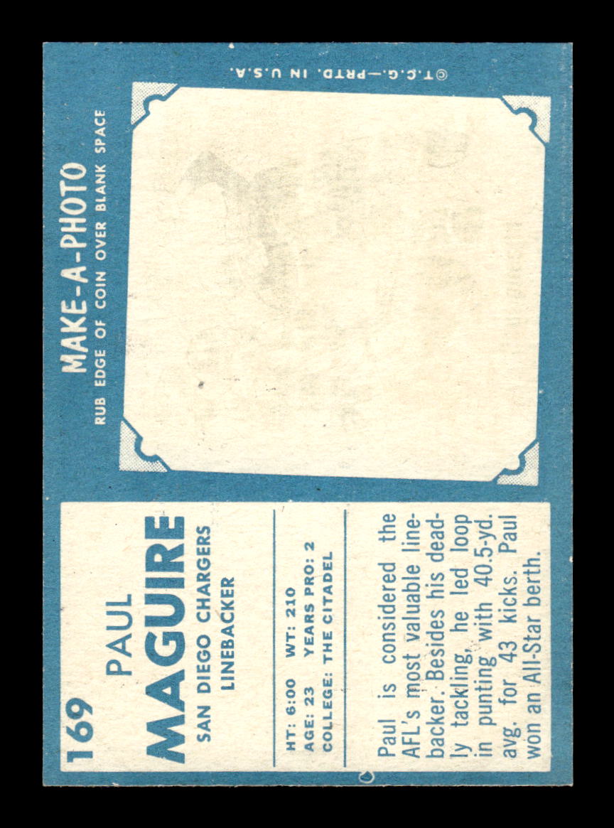 1961 Topps #169 Paul Maguire San Diego Chargers VGEX HOF10011116