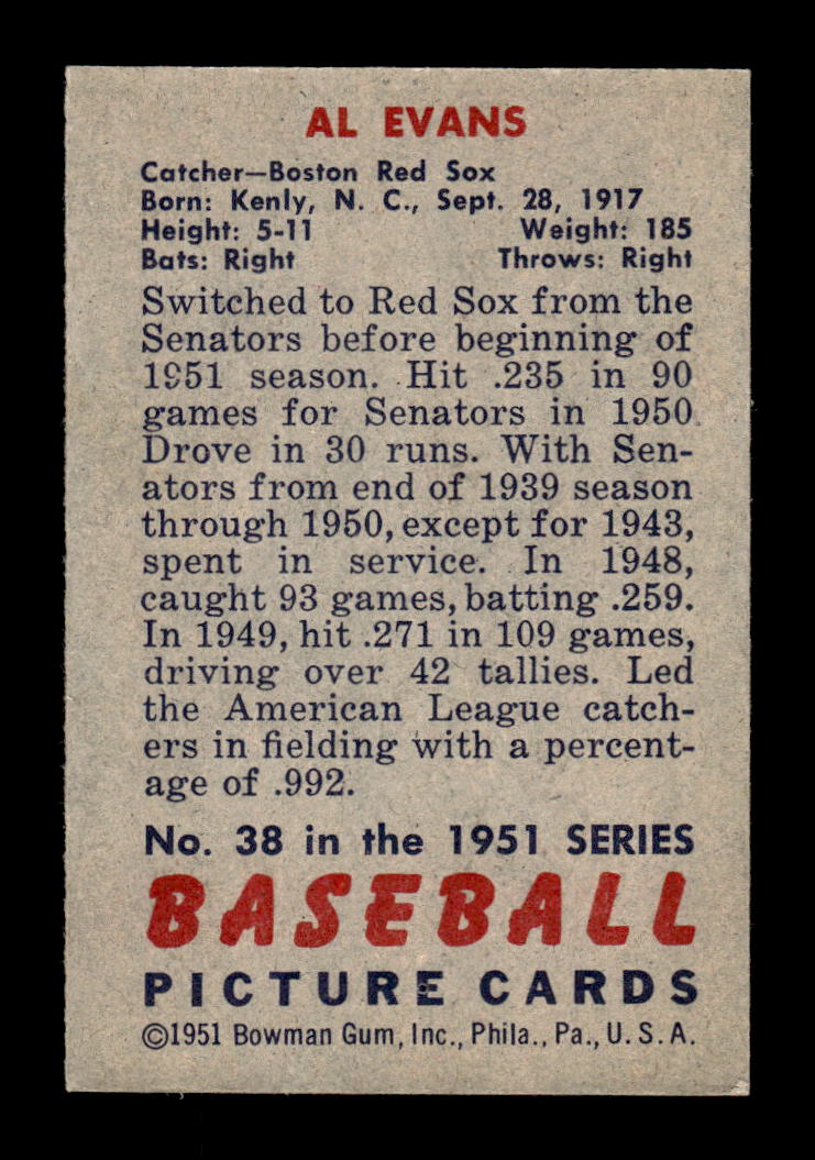 1951 Bowman #38 Al Evans Boston Red Sox EX HOF10011147