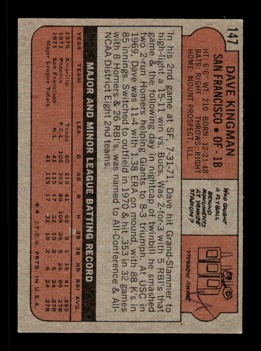 1972 Topps #147 Dave Kingman RC San Francisco Giants EX HOF10011180