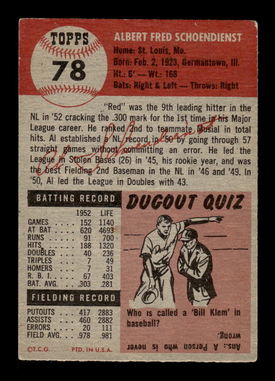 1953 Topps #78 Al Schoendienst St. Louis Cardinals VG HOF10011195