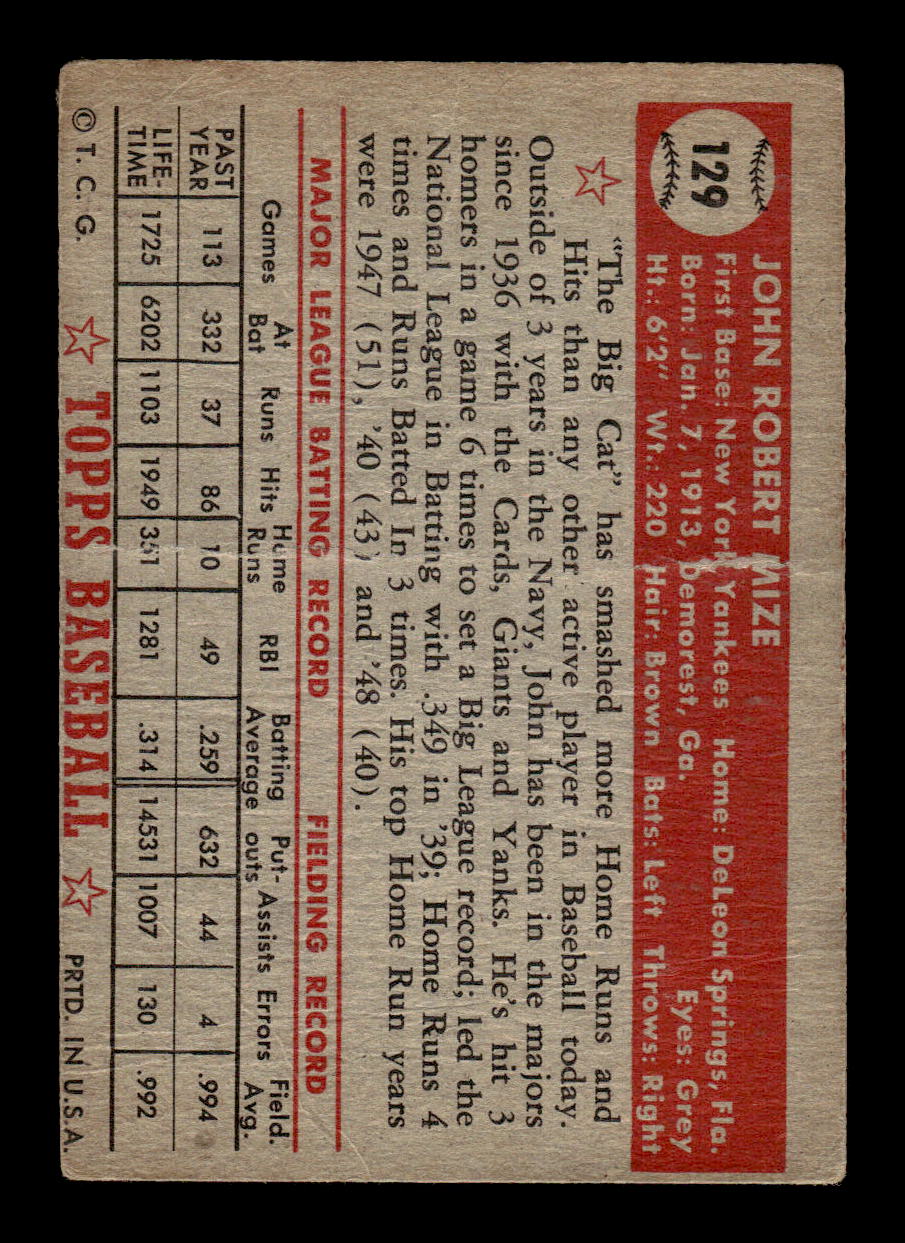 1952 Topps #129 Johnny Mize New York Yankees Poor HOF10011204