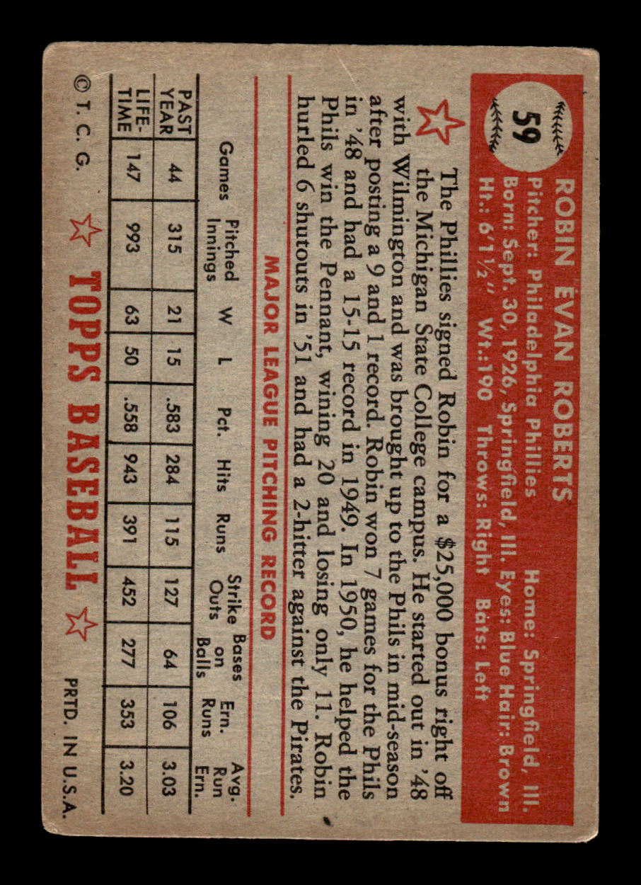 1952 Topps #59 Robin Roberts Philadelphia Phillies VG HOF10011206