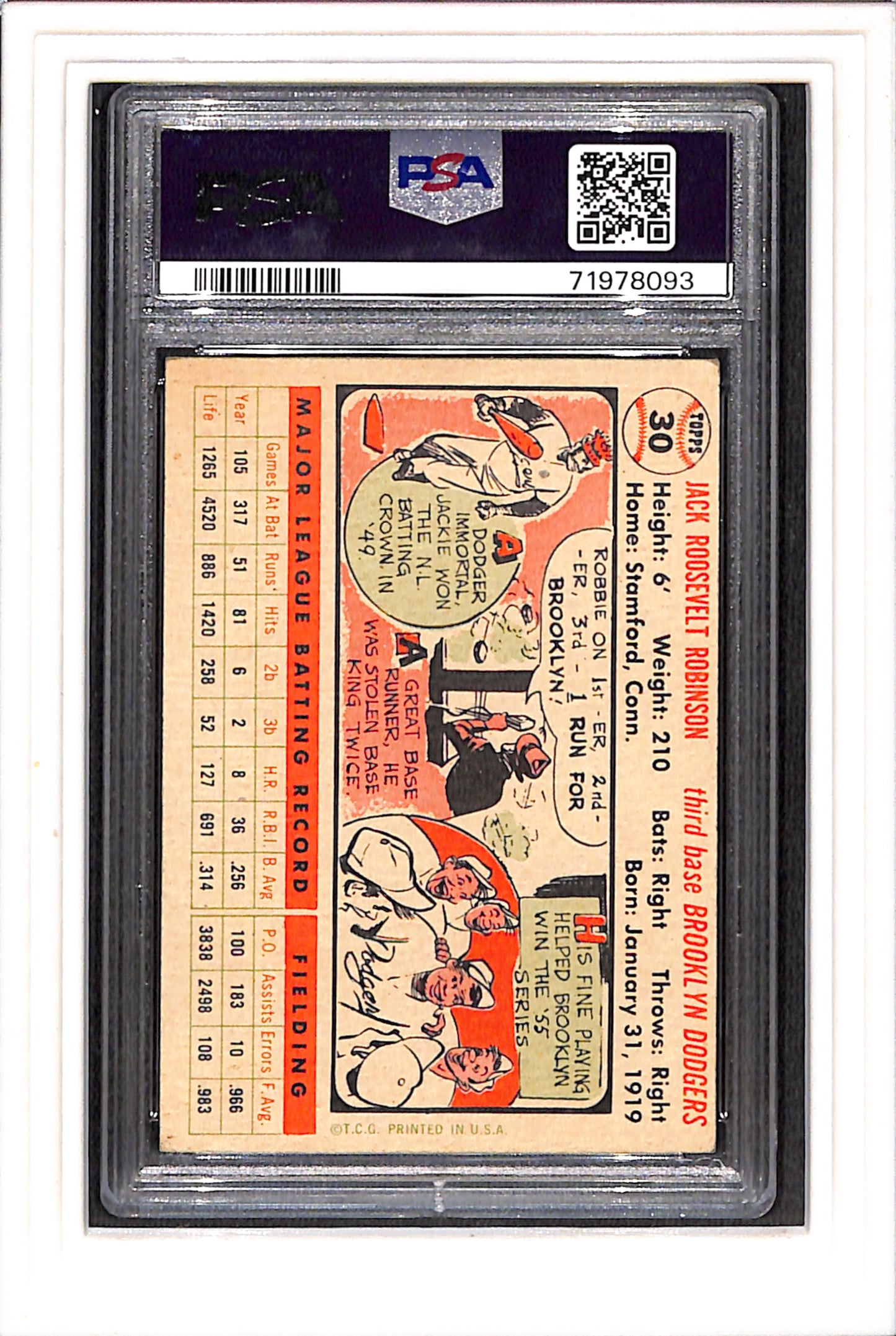 1956 Topps #30 Jackie Robinson White Back PSA 5 SN 71978093