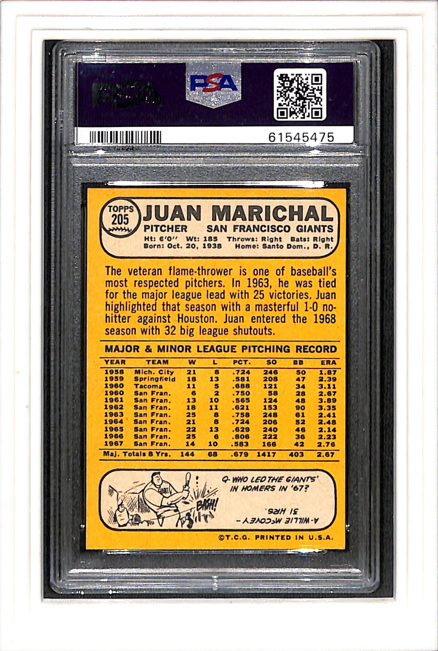 1968 Topps #205 Juan Marichal PSA 8 SN 61545475