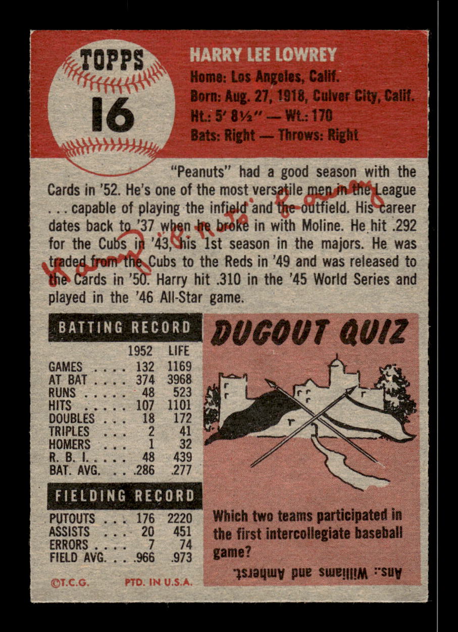 1953 Topps #16 Peanuts Lowrey No Creases VGEX HOF10011235