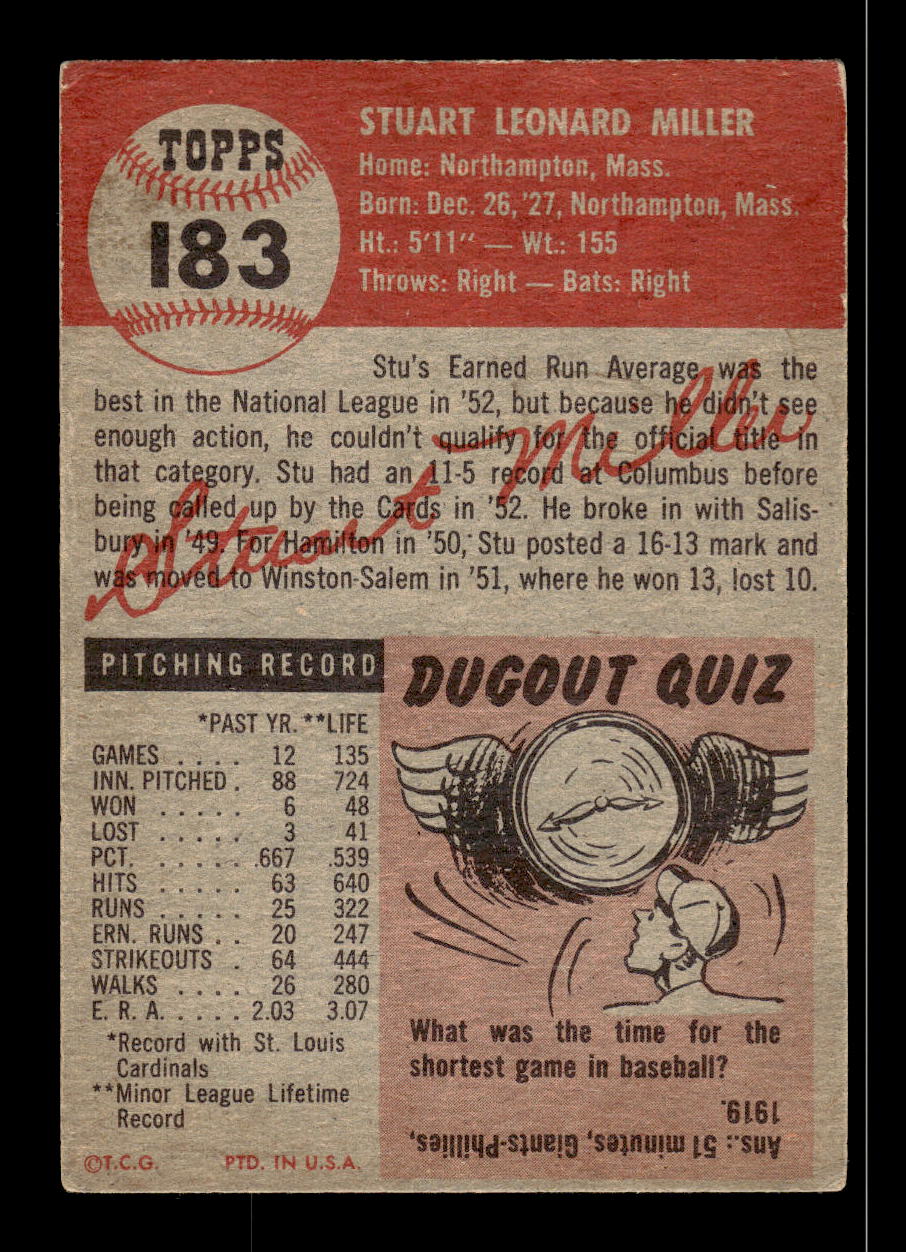 1953 Topps #183 Stu Miller St. Louis Cardinals VGEX HOF10011236