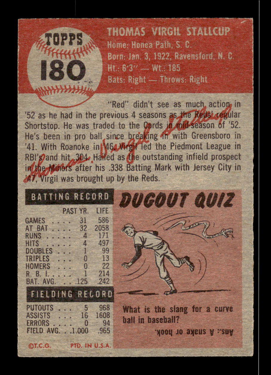1953 Topps #180 Virgil Stallcup No Creases VGEX HOF10011237
