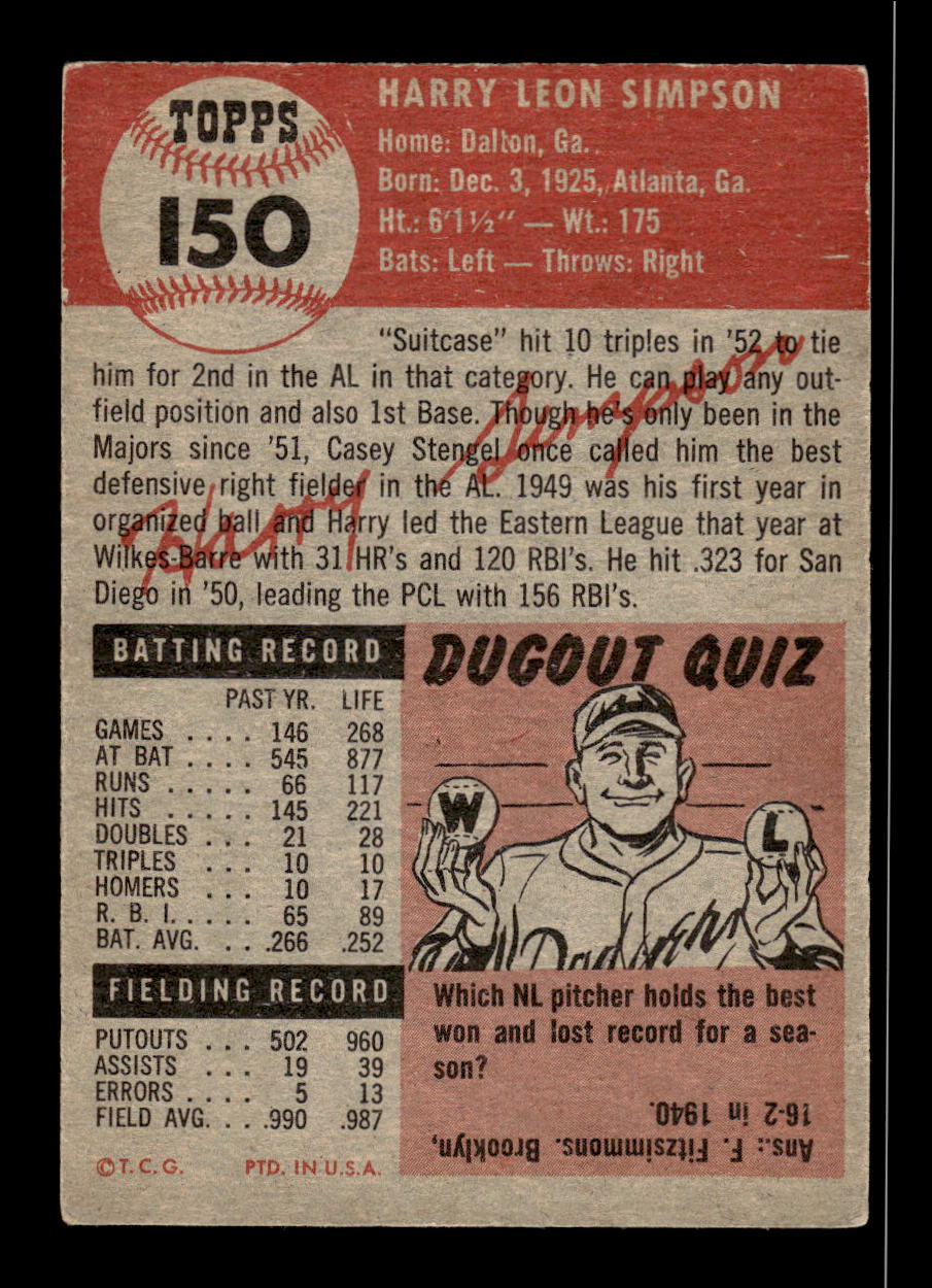 1953 Topps #150a Harry Simpson No Creases VGEX HOF10011243