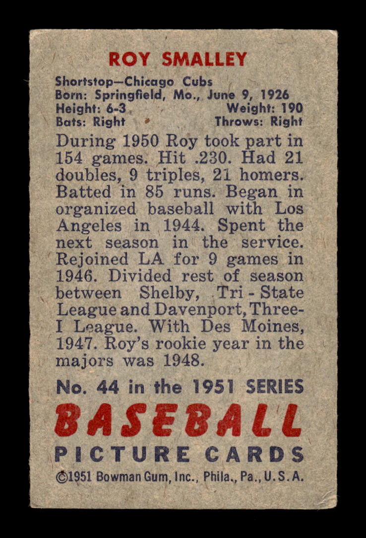 1951 Bowman #44 Roy Smalley Chicago Cubs G/VG HOF10011260