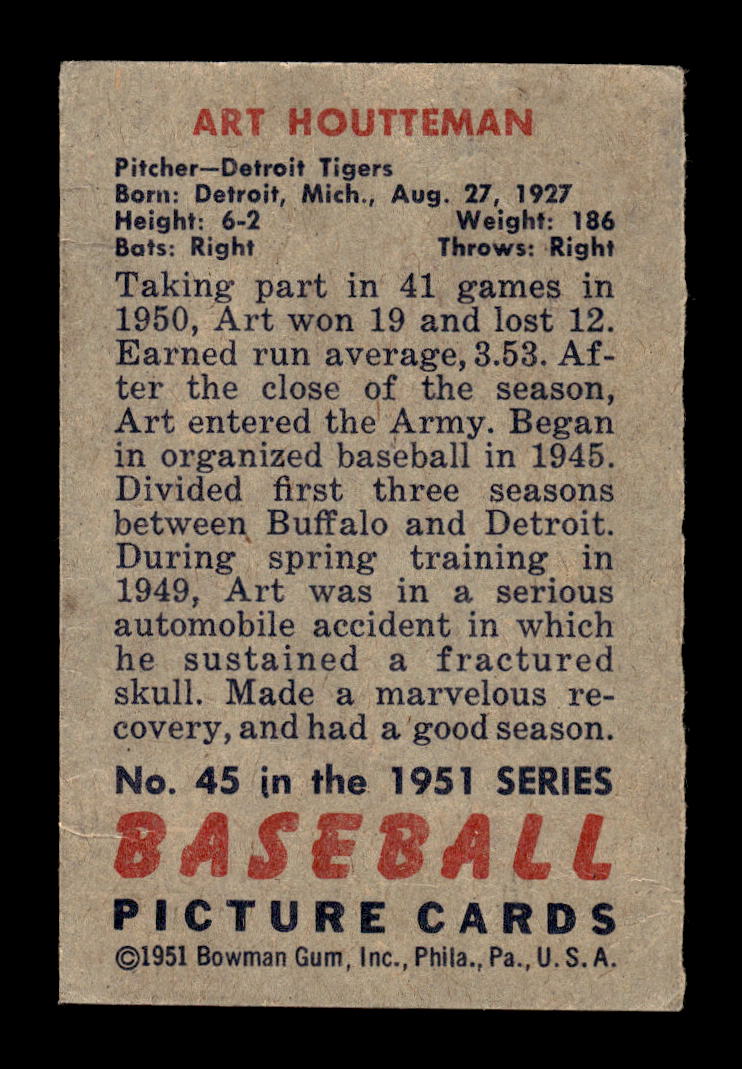 1951 Bowman #45 Art Houtteman Detroit Tigers G/VG HOF10011261
