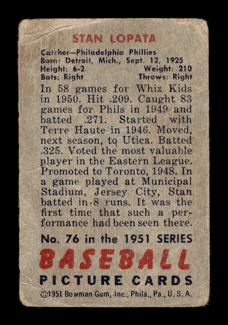 1951 Bowman #76 Stan Lopata Philadelphia Phillies G/VG HOF10011265