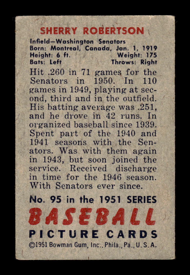 1951 Bowman #95 Sherry Robertson Washington Senators G/VG HOF10011266