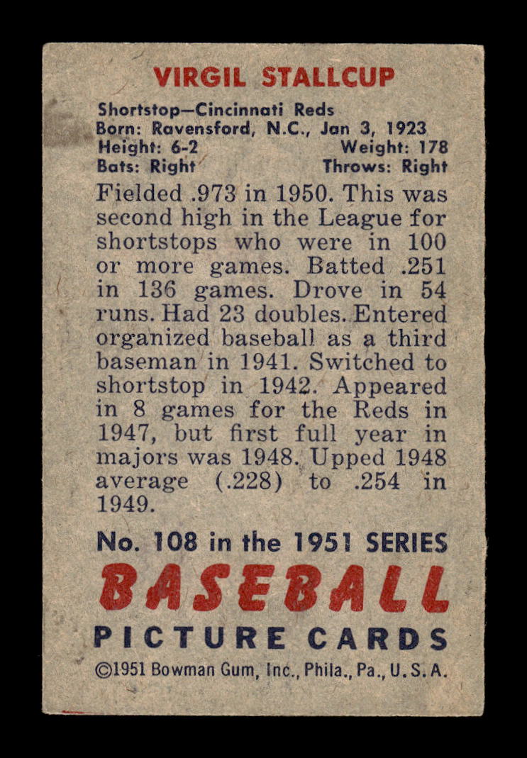 1951 Bowman #108 Virgil Stallcup Cincinnati Reds G/VG HOF10011268