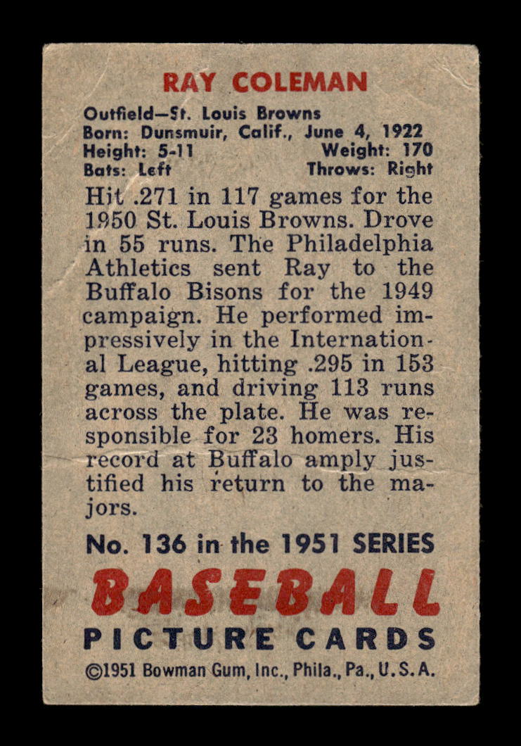1951 Bowman #136 Ray Coleman St. Louis Browns G/VG HOF10011276