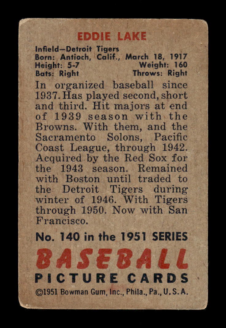 1951 Bowman #140 Eddie Lake Detroit Tigers G/VG HOF10011280