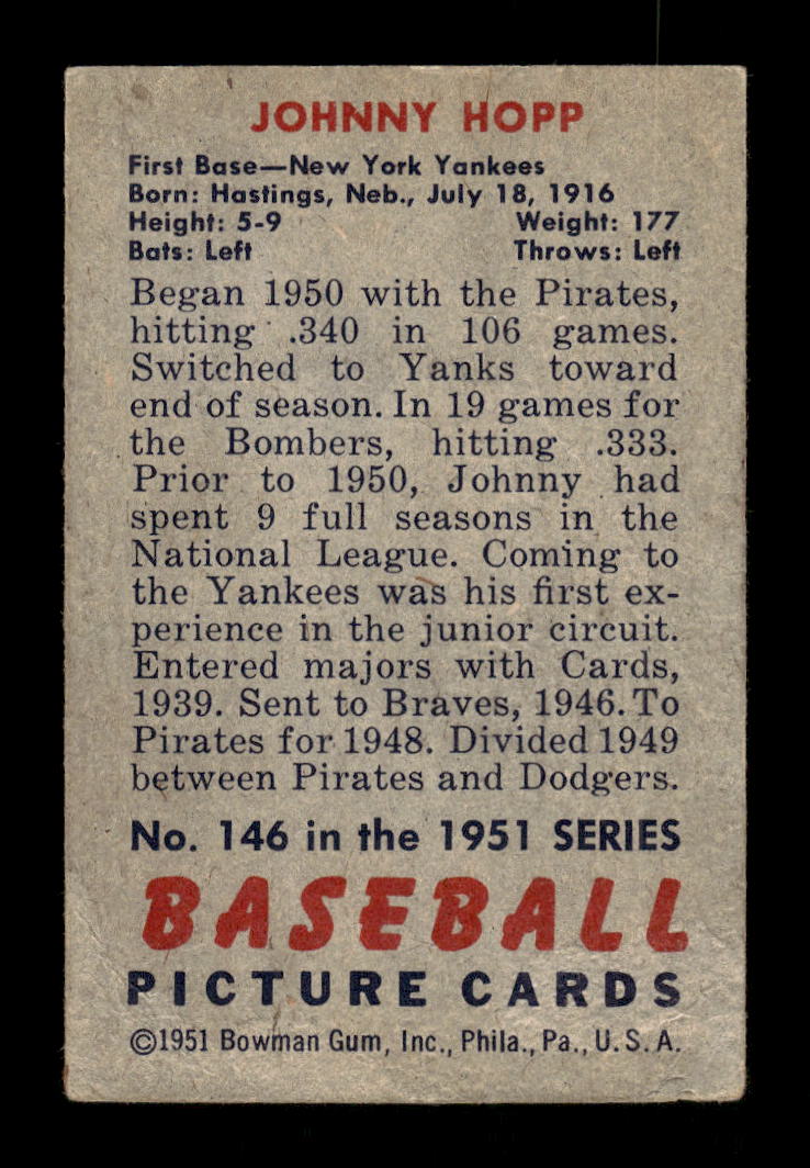 1951 Bowman #146 Johnny Hopp New York Yankees G/VG HOF10011284