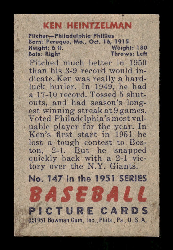 1951 Bowman #147 Ken Heintzelman Philadelphia Phillies G/VG HOF10011286