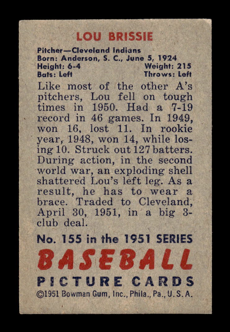 1951 Bowman #155 Lou Brissie Cleveland Indians G/VG HOF10011288