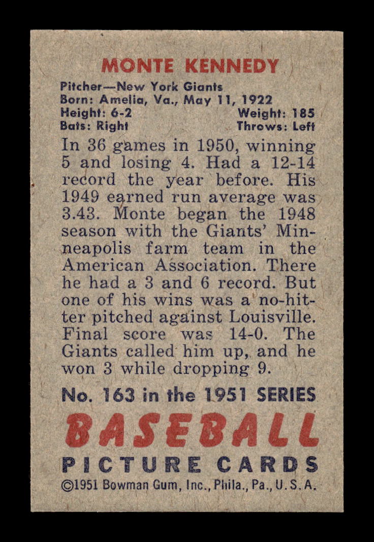 1951 Bowman #163 Monte Kennedy New York Giants G/VG HOF10011290