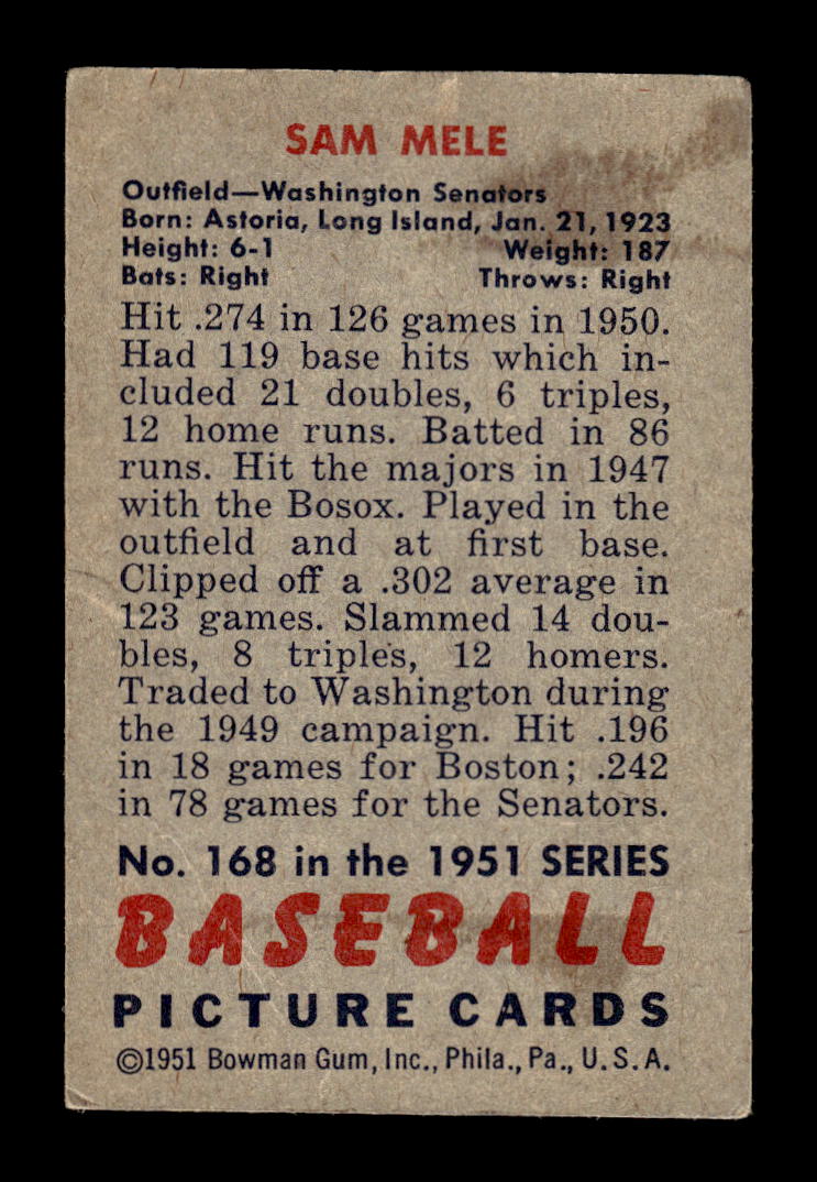 1951 Bowman #168 Sam Mele Washington Senators G/VG HOF10011291