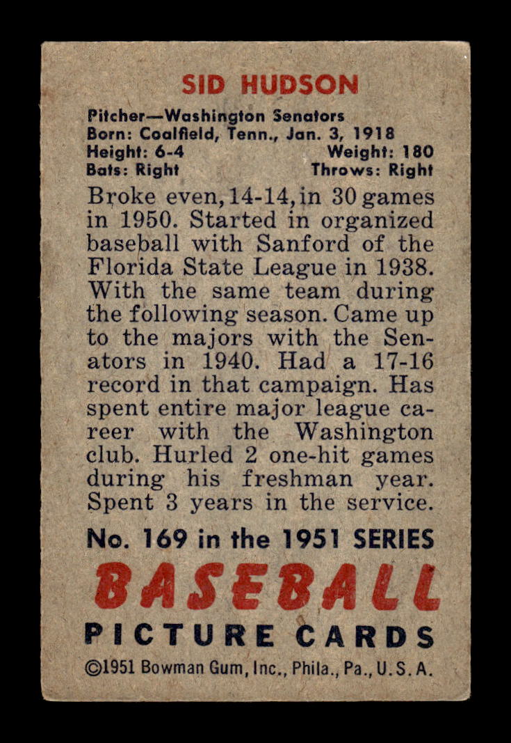 1951 Bowman #169 Sid Hudson Washington Senators G/VG HOF10011293