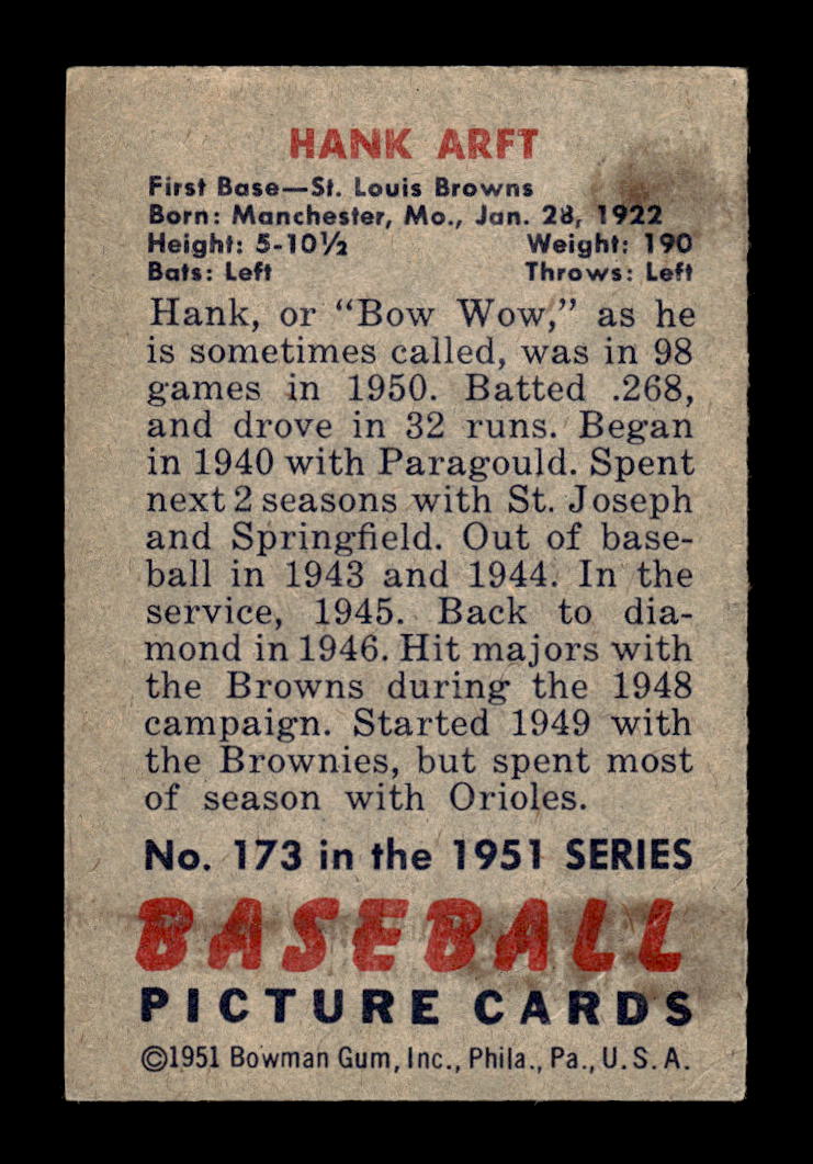 1951 Bowman #173 Hank Arft St. Louis Browns G/VG HOF10011294