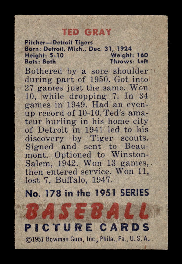 1951 Bowman #178 Ted Gray Detroit Tigers G/VG HOF10011299