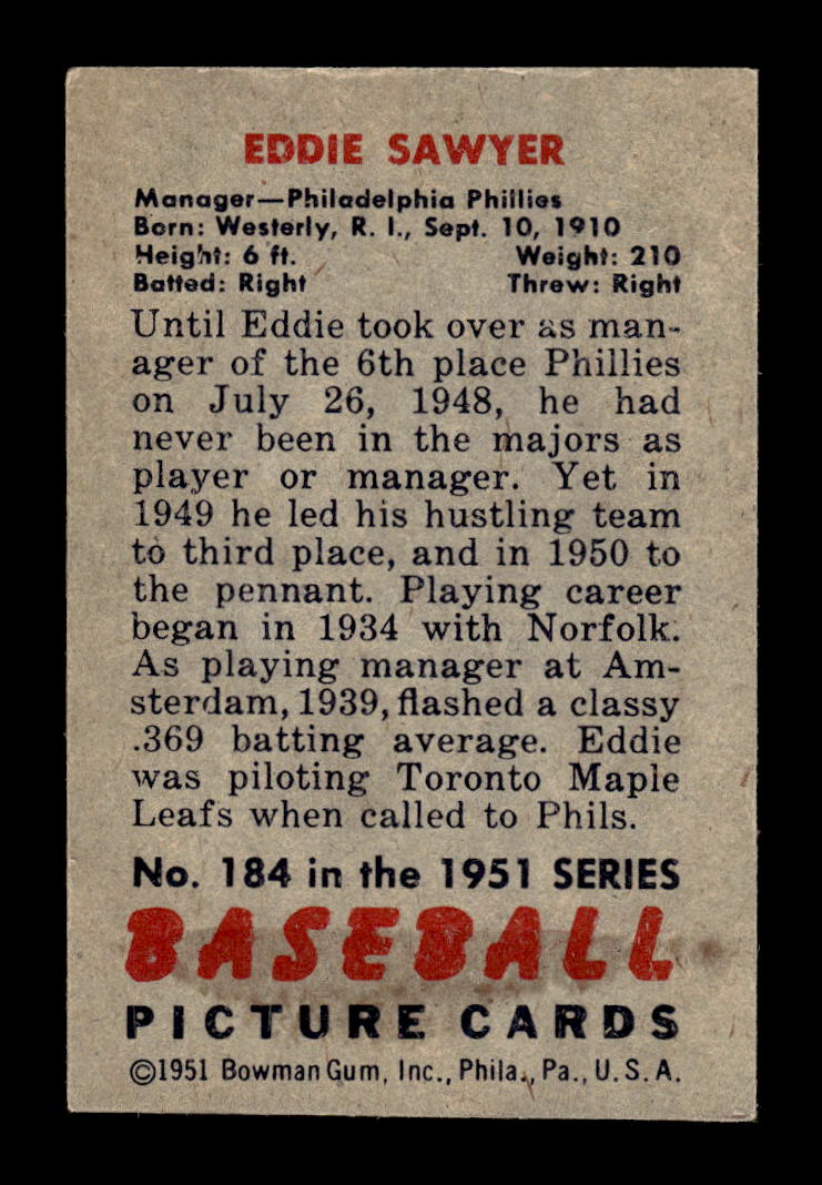 1951 Bowman #184 Eddie Sawyer Philadelphia Phillies G/VG HOF10011301