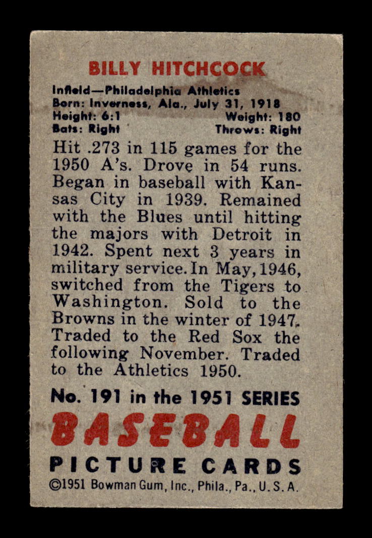 1951 Bowman #191 Billy Hitchcock Philadelphia Athletics G/VG HOF10011302