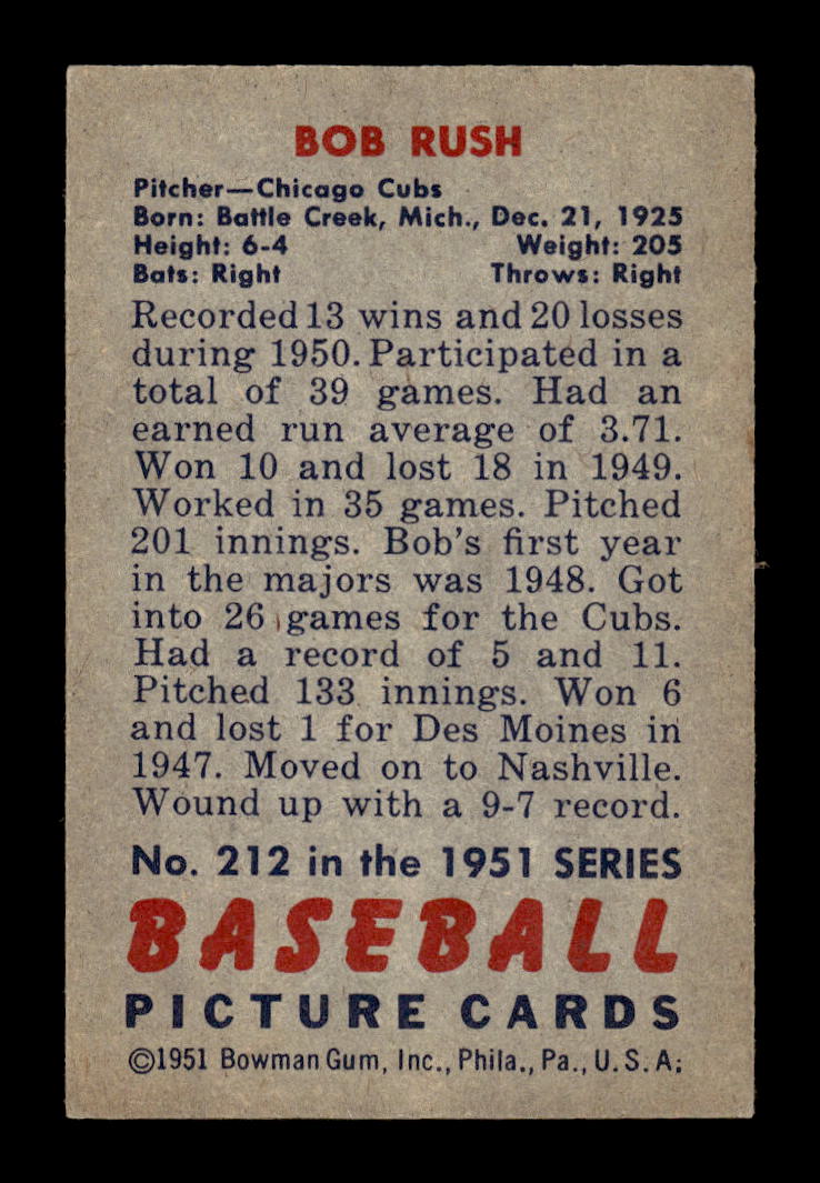 1951 Bowman #212 Bob Rush Chicago Cubs G/VG HOF10011313