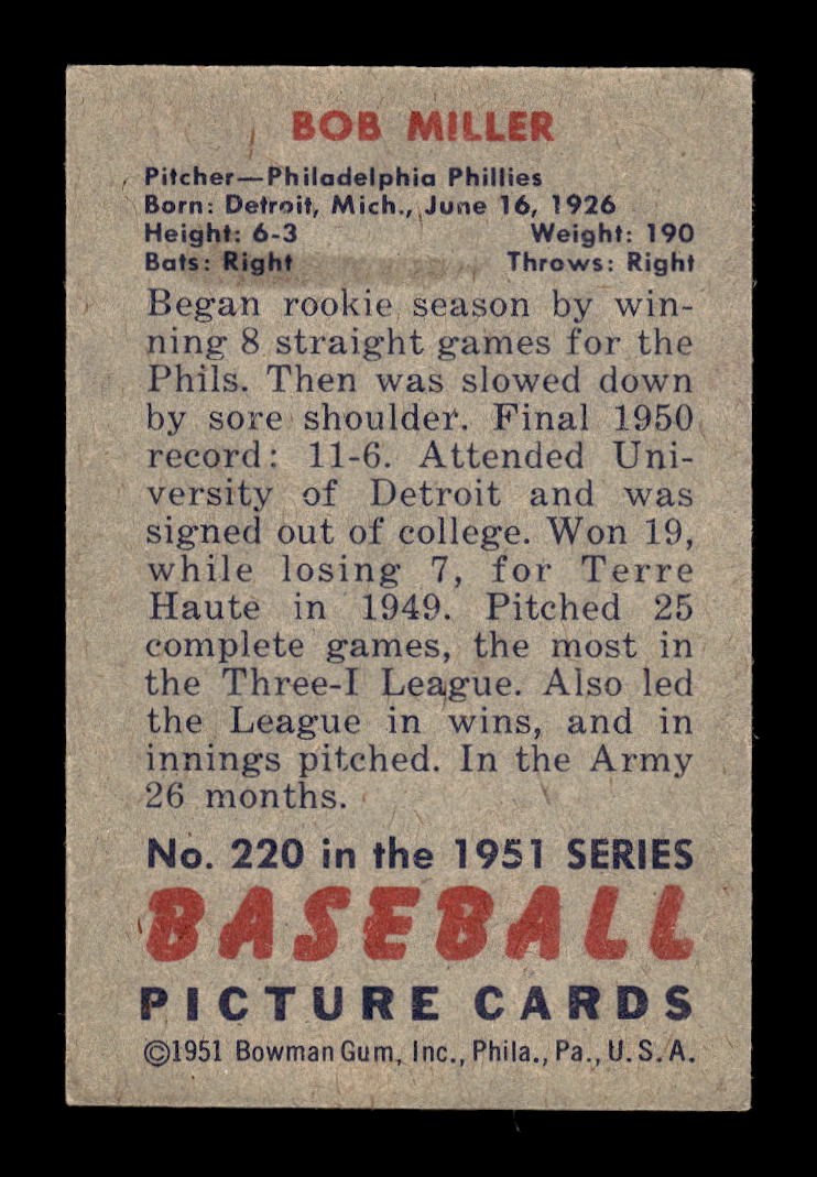 1951 Bowman #220 Bob Miller Philadelphia Phillies G/VG HOF10011314