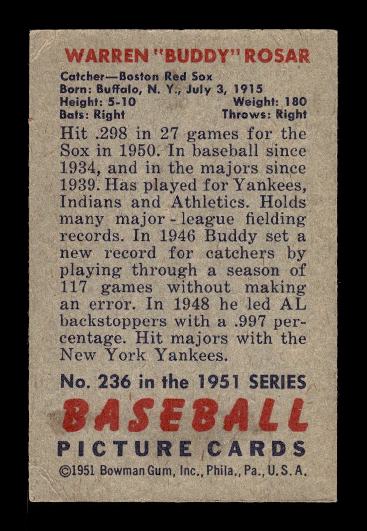 1951 Bowman #236 Buddy Rosar Boston Red Sox G/VG HOF10011319