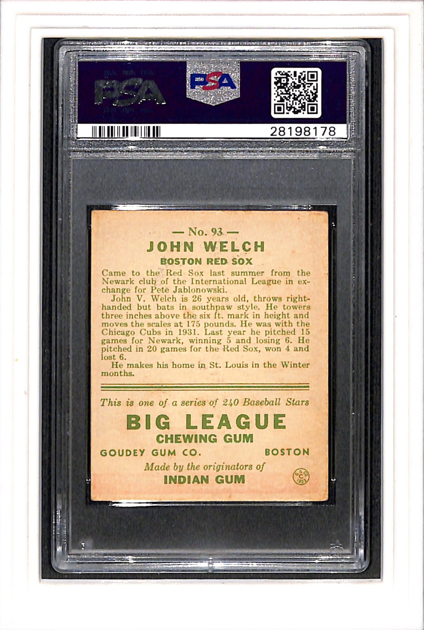 1933 Goudey #93 John Welch PSA 5 SN 28198178