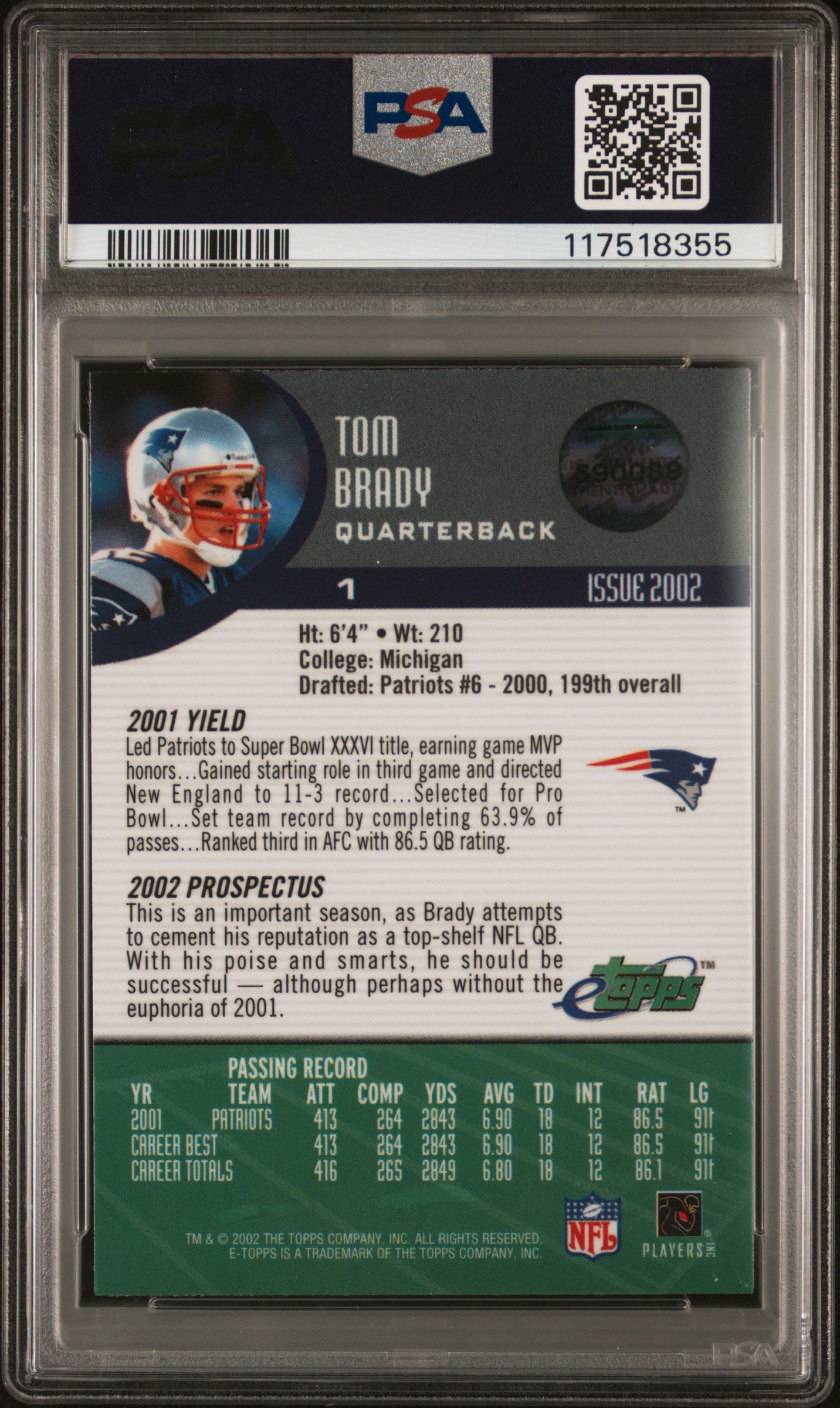 2002 Etopps #1 Tom Brady PSA 8 SN 117518355