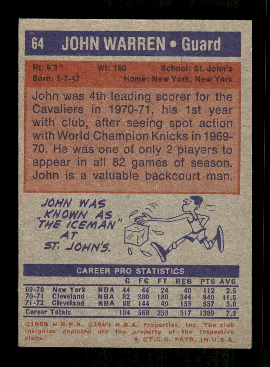 1972-73 Topps #64 John Warren Cleveland Cavaliers EXMT HOF10011413
