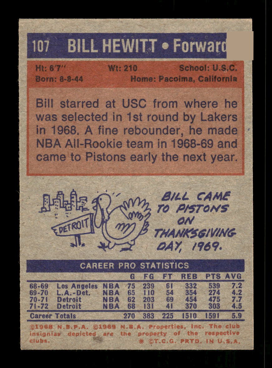 1972-73 Topps #107 Bill Hewitt Detroit Pistons EXMT HOF10011418