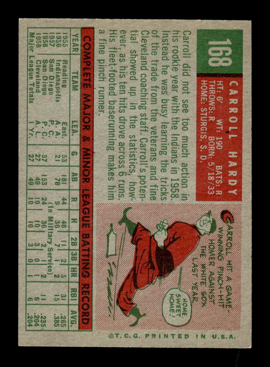 1959 Topps #168 Carroll Hardy Cleveland Indians NMT HOF10011452