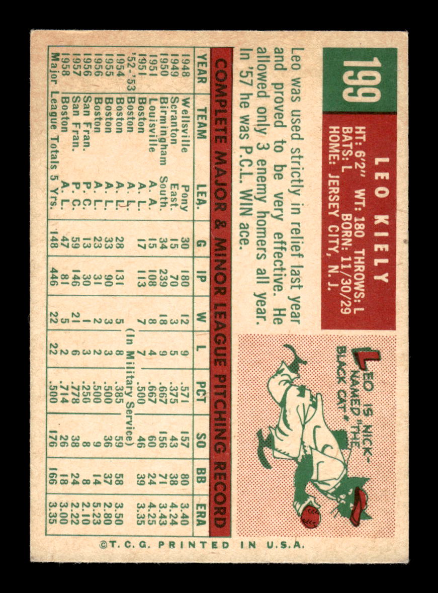 1959 Topps #199b Leo Kiely Boston Red Sox NMT HOF10011455