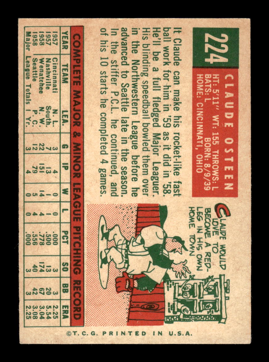 1959 Topps #224a Claude Osteen Cincinnati Redlegs NMT HOF10011462