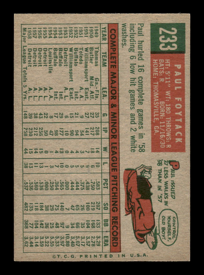 1959 Topps #233b Paul Foytack Detroit Tigers NMT HOF10011465