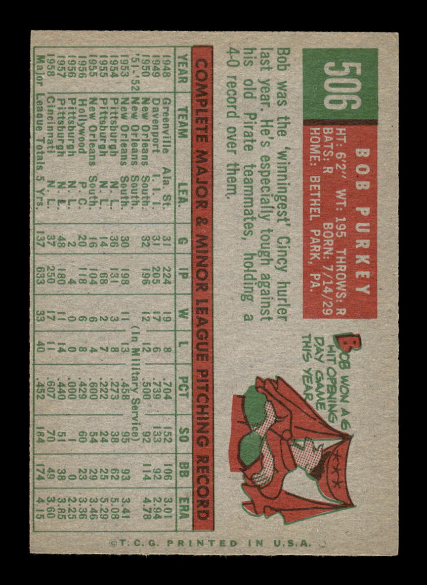 1959 Topps #506 Bob Purkey Cincinnati Redlegs NMT HOF10011485