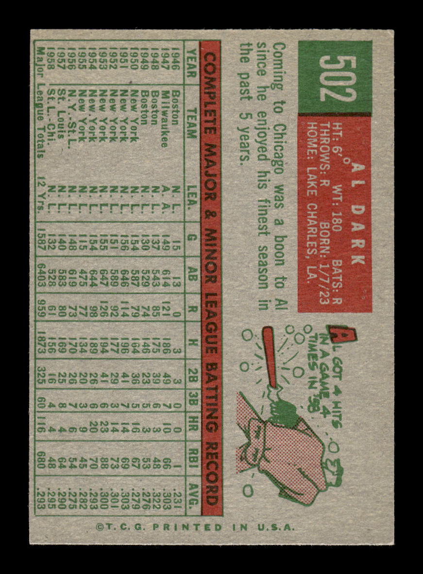 1959 Topps #502 Al Dark Chicago Cubs NMT HOF10011487